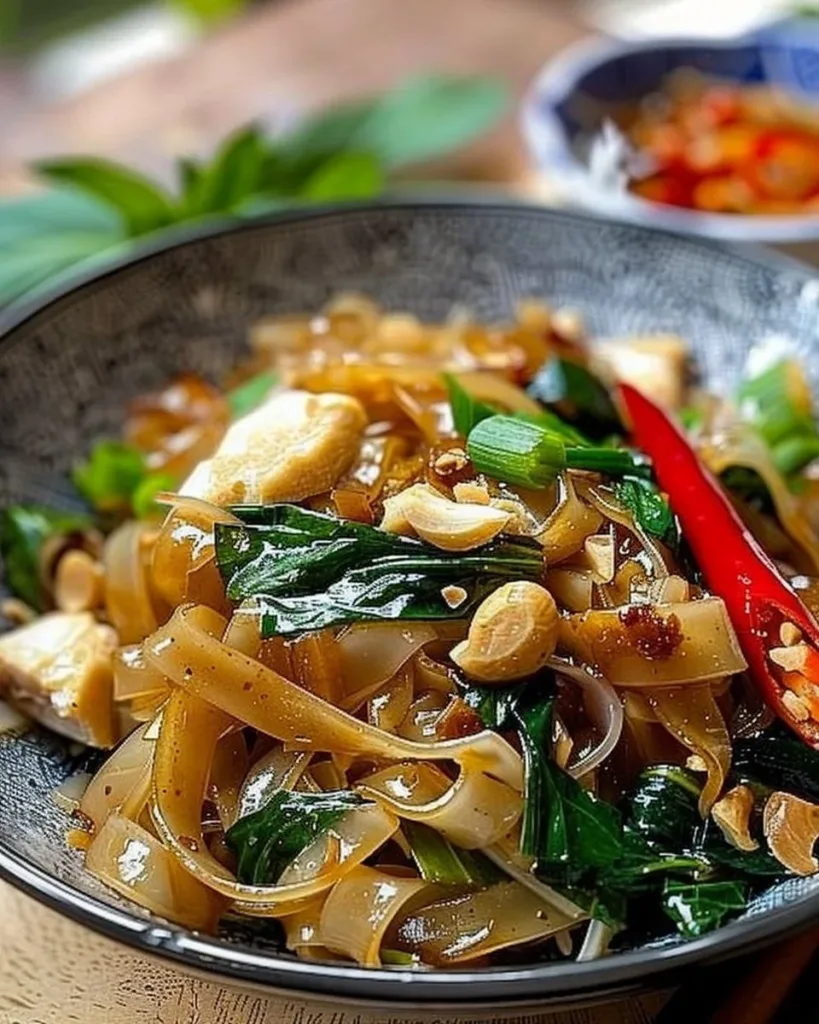 Plate of Street Style Thai Drunken Noodles with fresh vegetables and herbs