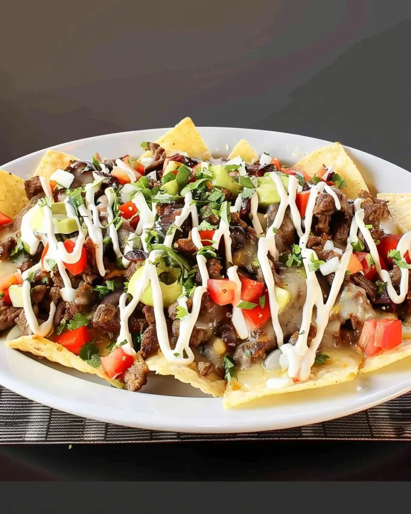 Super Deluxe Steak Nachos with cheese and fresh toppings