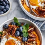 Healthy sweet potato breakfast bowl topped with fruits and nuts