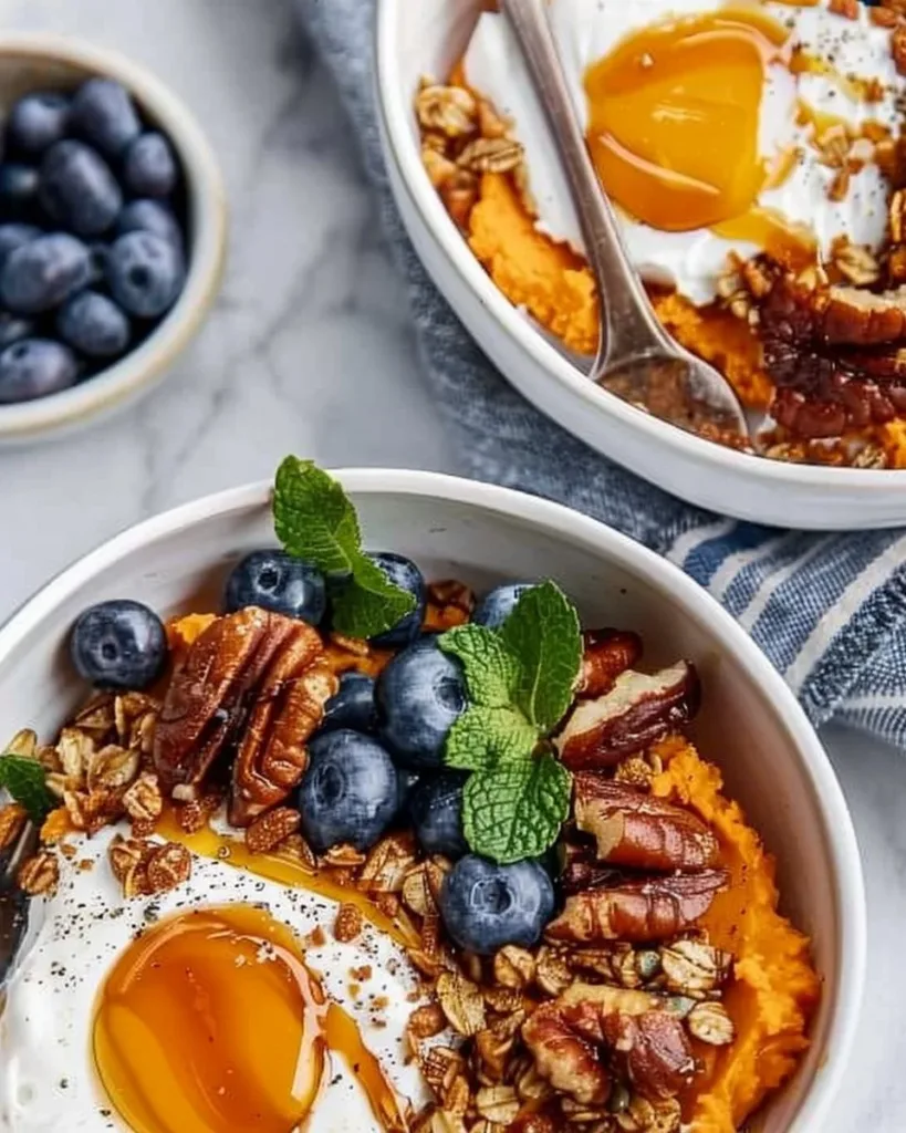 Healthy sweet potato breakfast bowl topped with fruits and nuts