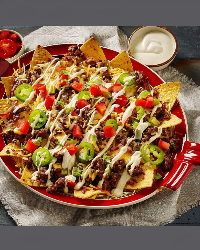 Delicious Taco Beef Nachos topped with cheese and fresh ingredients