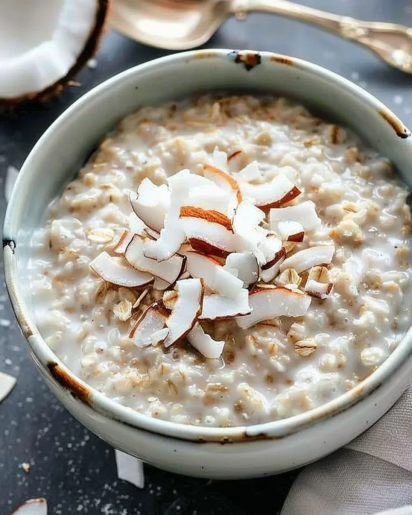 Bowl of creamy coconut cream oats topped with fruits and nuts