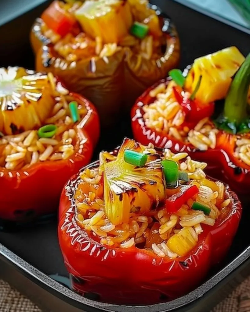 Teriyaki pineapple chicken rice stuffed peppers ready to serve