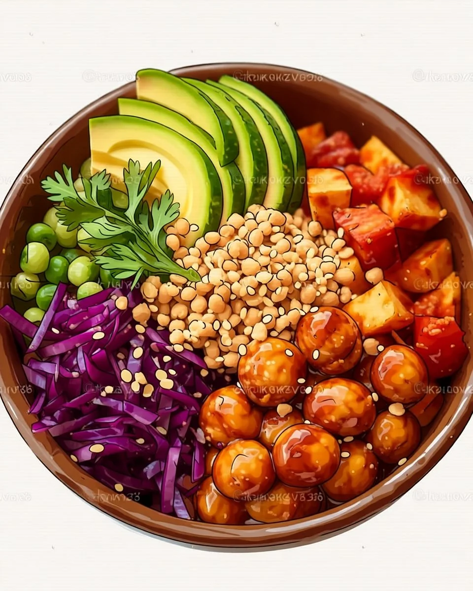 Colorful Vegan Nourish Bowl with fresh vegetables and grains