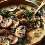Bowl of wild mushroom soup with caramelized onions and kale garnished with herbs