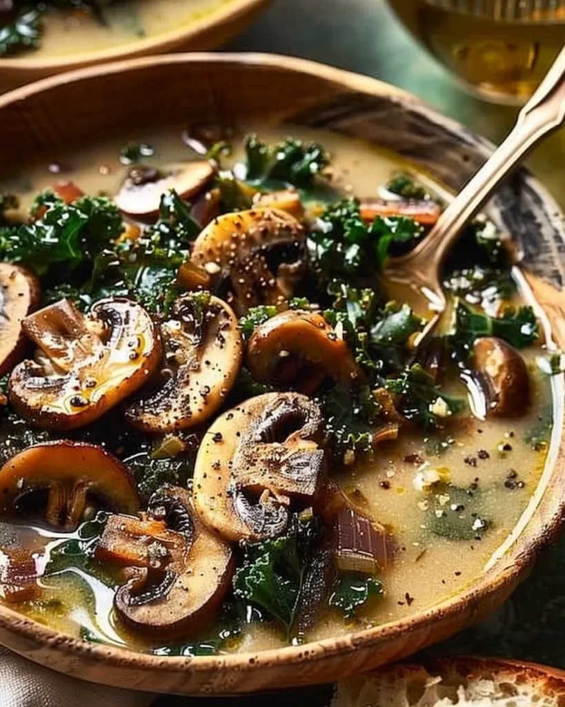 Bowl of wild mushroom soup with caramelized onions and kale garnished with herbs