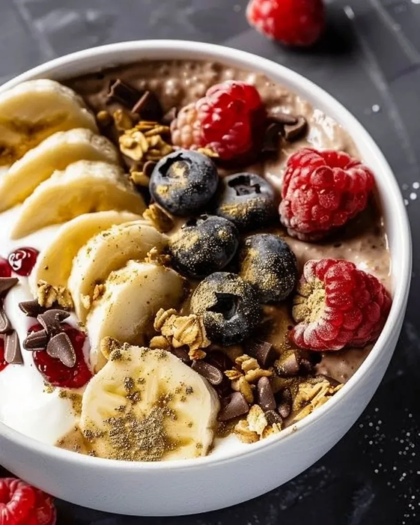 Delicious yogurt bowl topped with fresh fruits and nuts.