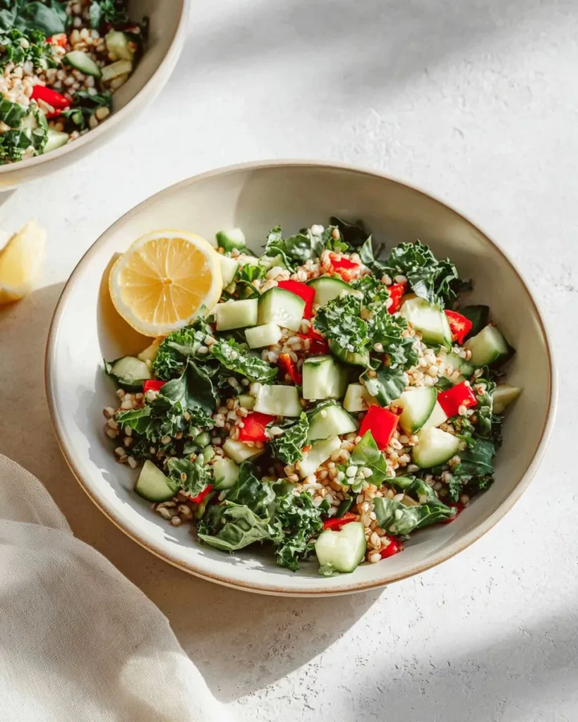 A vibrant bowl of Mediterranean Farro Salad with fresh vegetables and herbs.