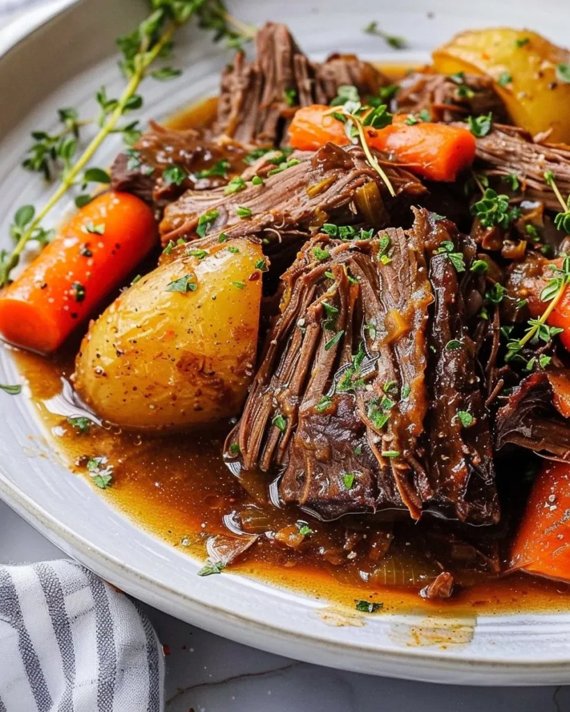 A delicious 5-star pot roast served with vegetables on a rustic table.