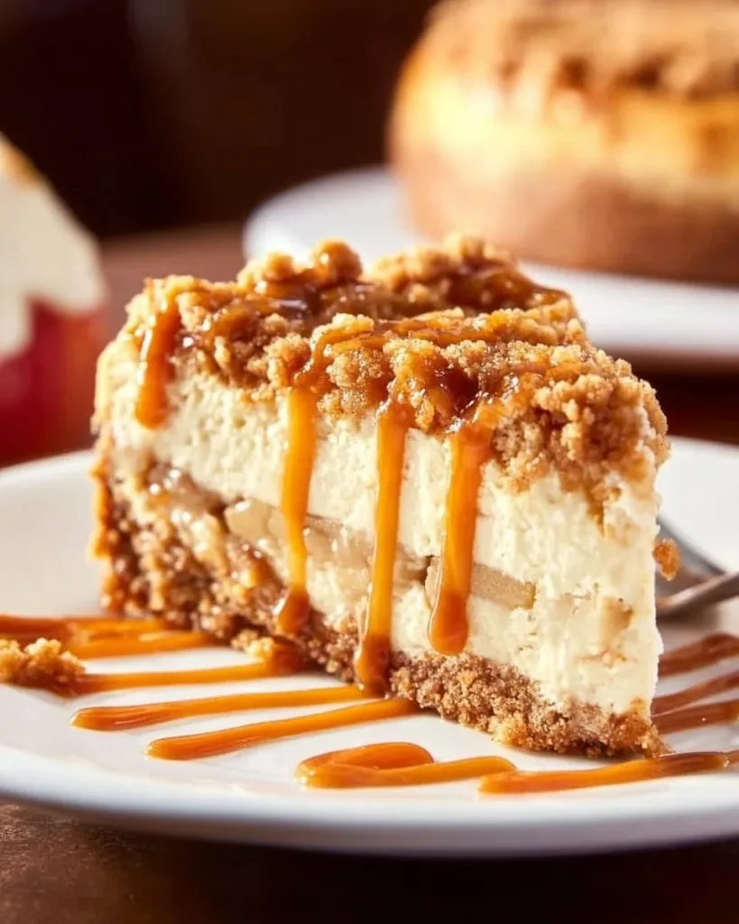 Delicious Apple Crisp Cheesecake with a golden brown crumb topping
