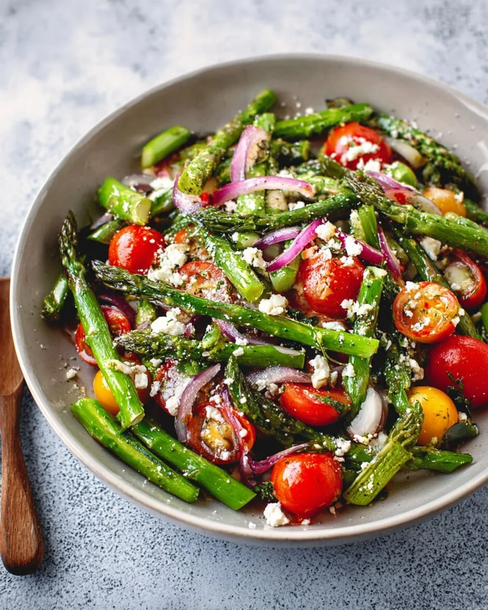 Asparagus salad with feta cheese and cherry tomatoes in a bowl