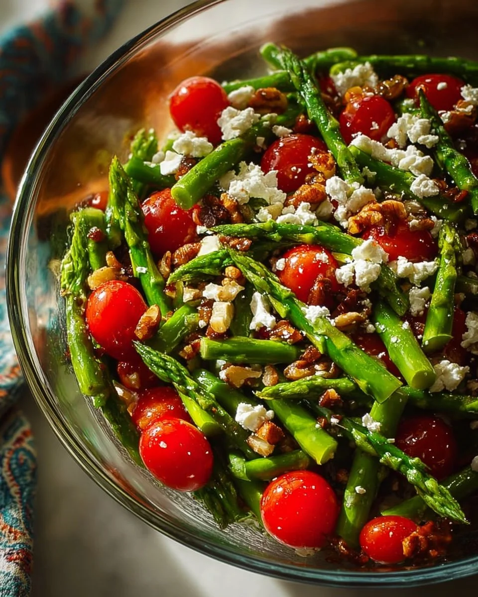Asparagus salad with tomatoes and feta dressed in balsamic vinaigrette