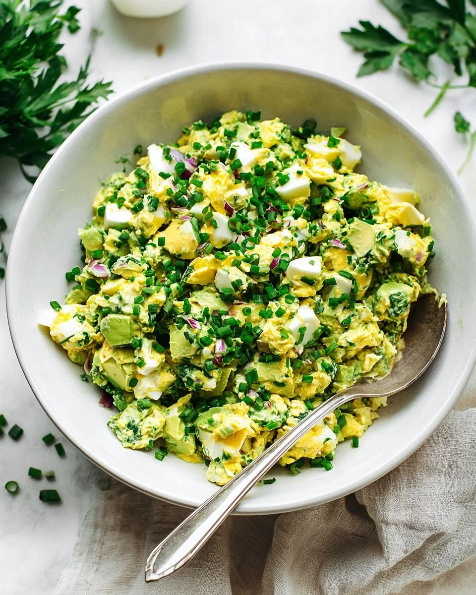 Delicious avocado egg salad in a bowl with fresh ingredients