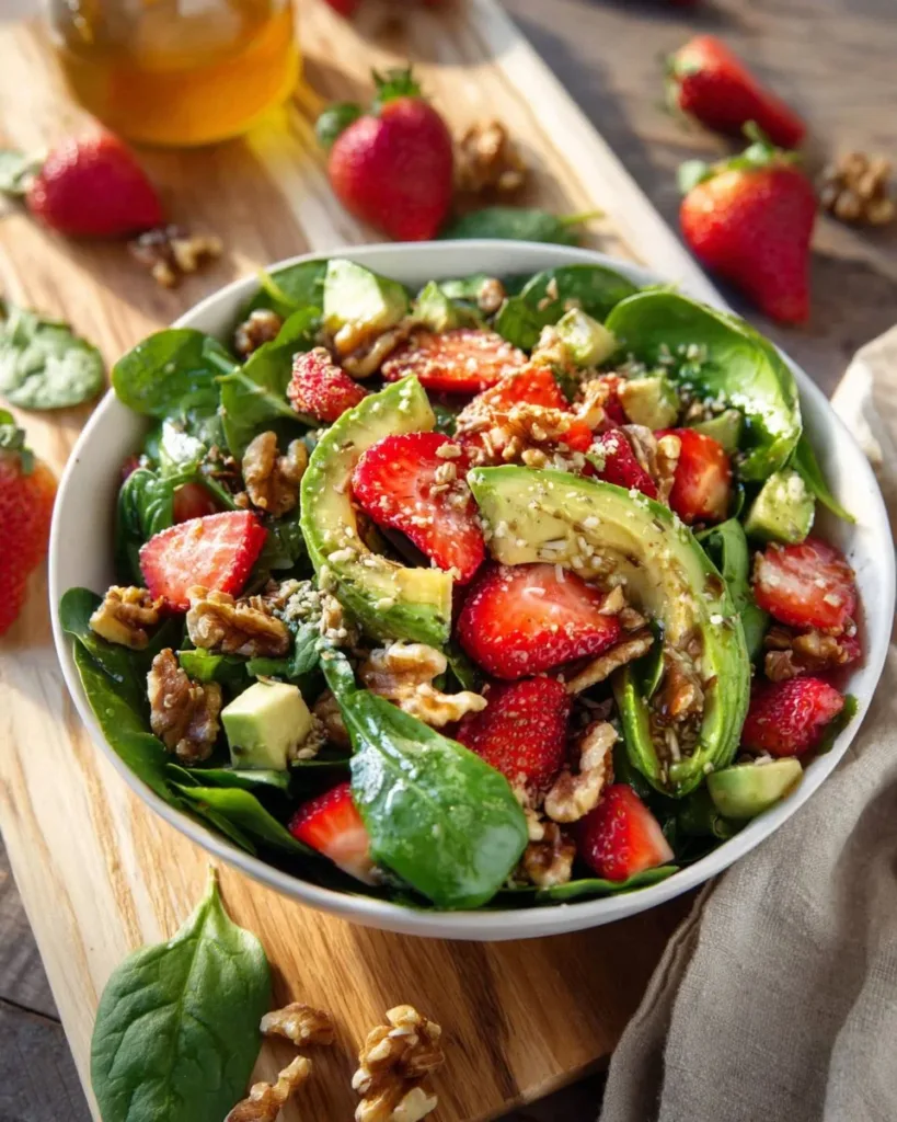 Colorful Avocado Strawberry Spinach Salad with fresh ingredients and vibrant dressing