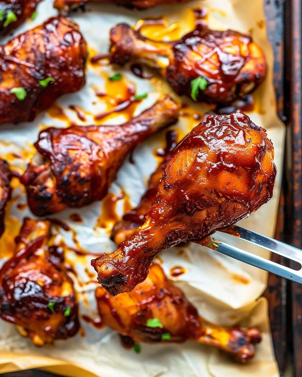 Delicious baked BBQ chicken drumsticks ready to serve.