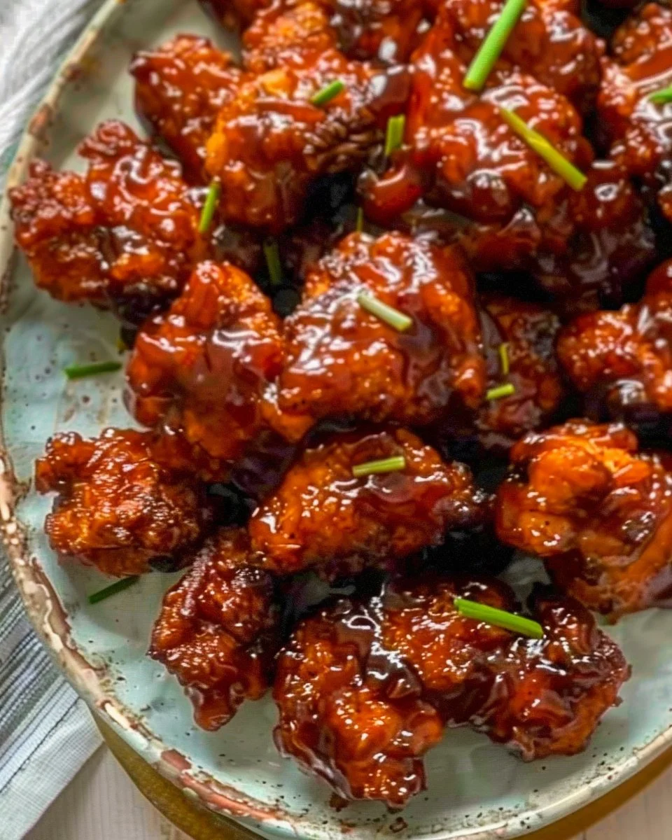 Baked honey BBQ chicken bites served on a plate with garnishes.