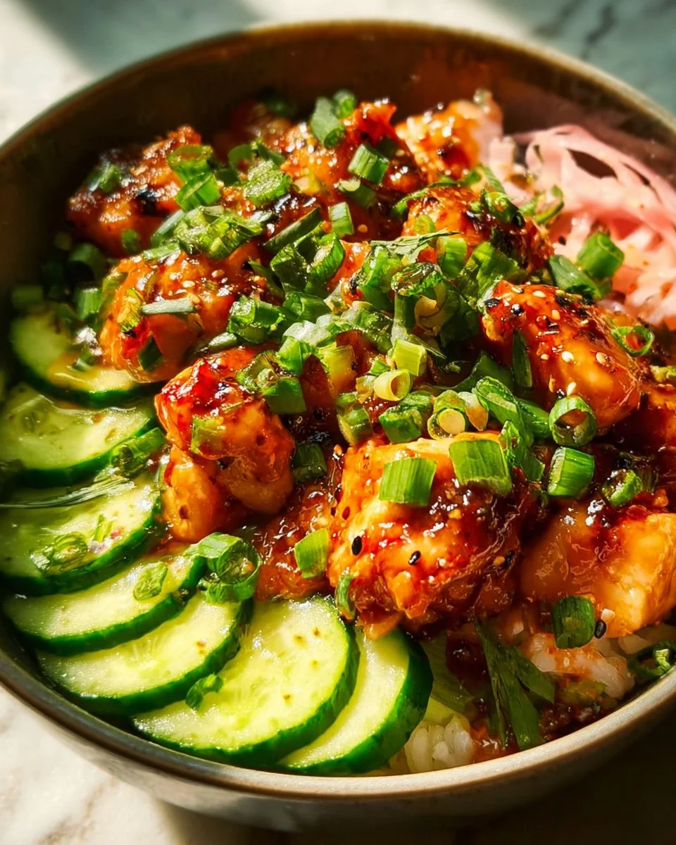 Healthy Bang Bang Chicken Bowls with spicy sauce and fresh ingredients