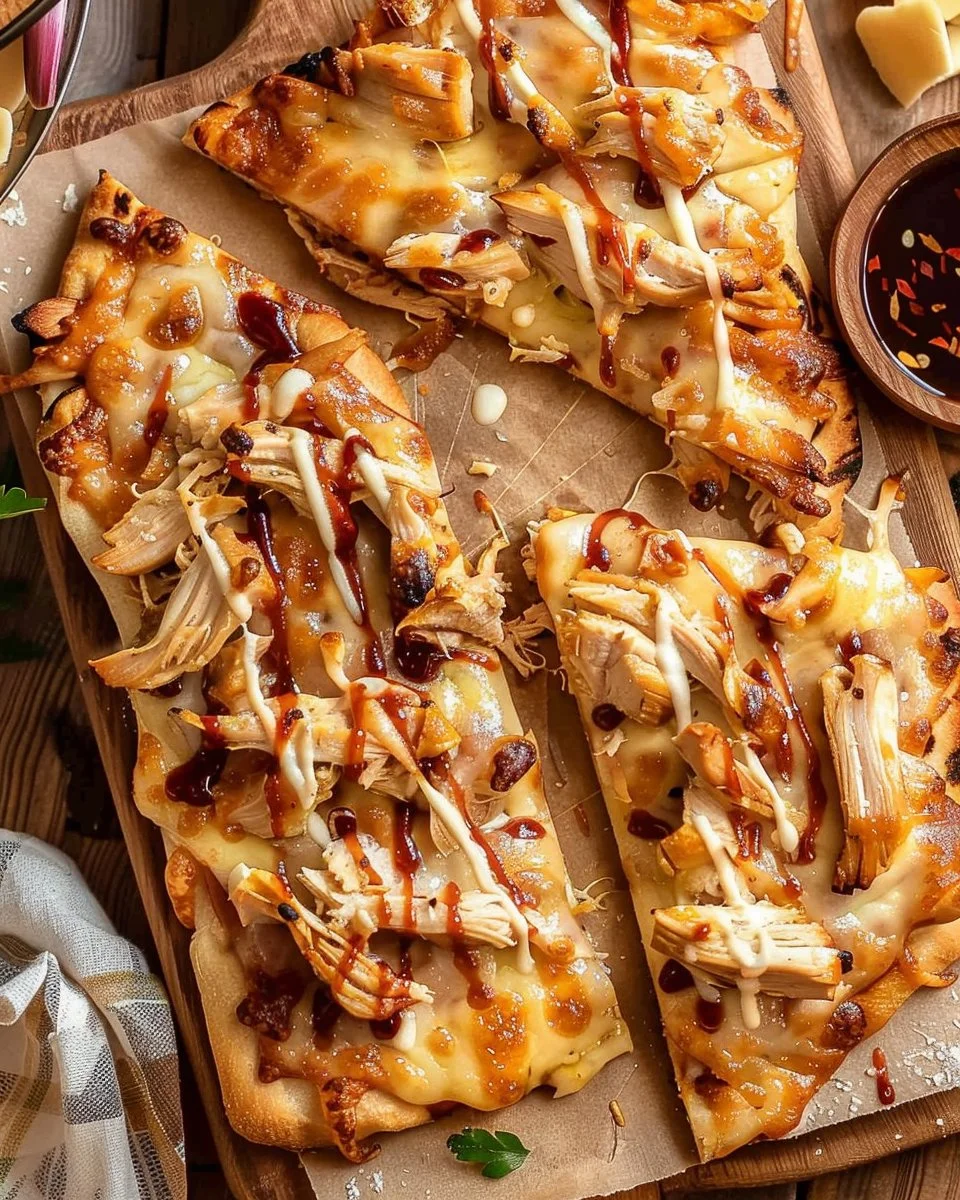 BBQ chicken flatbread with fresh toppings and a golden crust