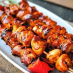Delicious BBQ chicken kebabs on a grill with colorful bell peppers.