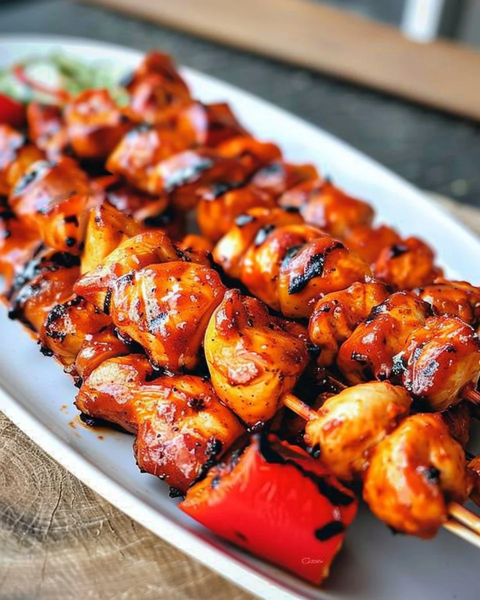 Delicious BBQ chicken kebabs on a grill with colorful bell peppers.