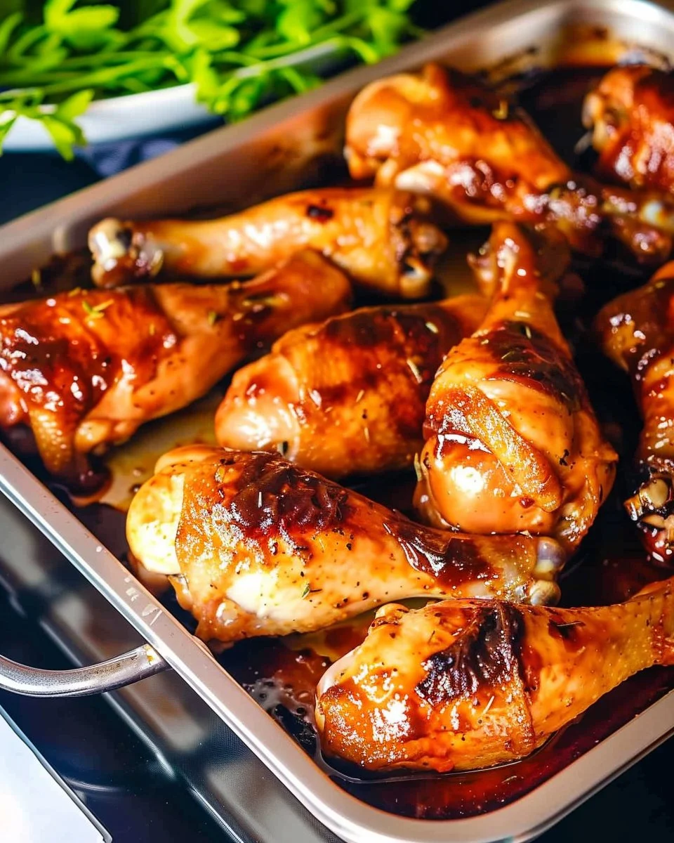 Oven-baked BBQ chicken legs served on a wooden platter