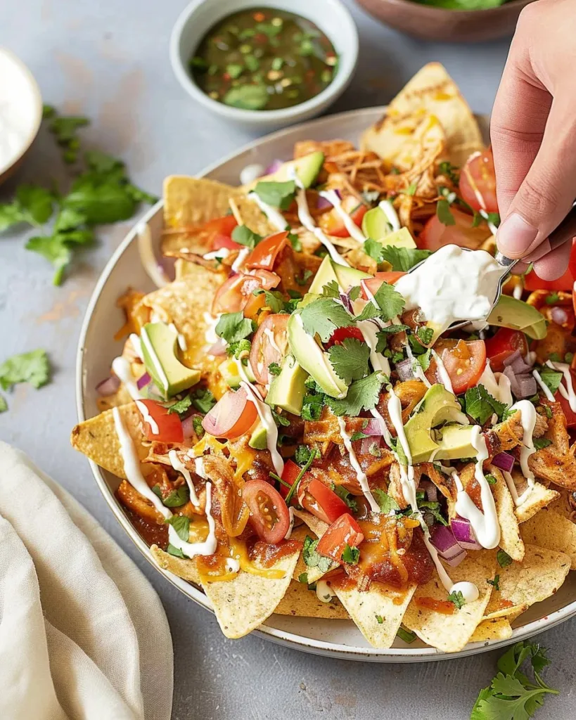 Delicious BBQ chicken nachos topped with cheese and jalapenos.