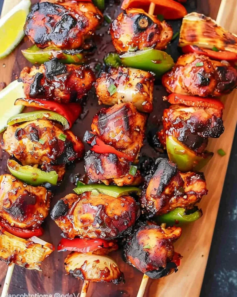Grilled BBQ chicken skewers on a platter with fresh vegetables