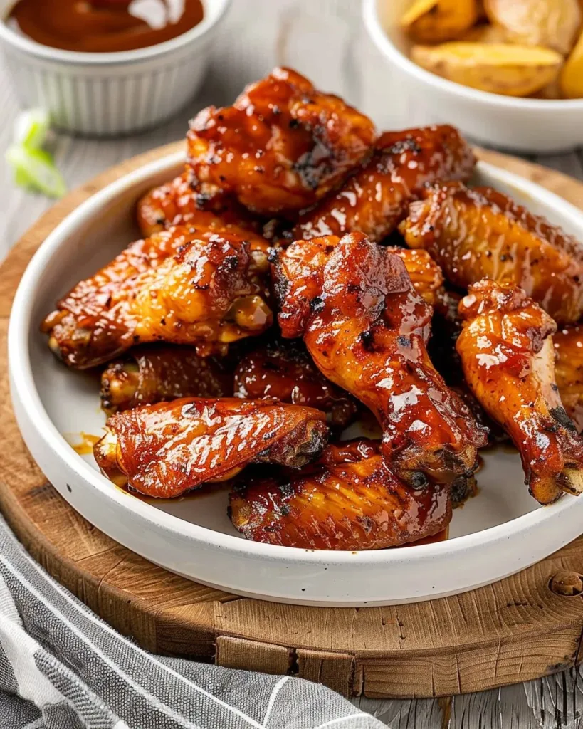 Delicious BBQ chicken wings served on a platter with dipping sauce