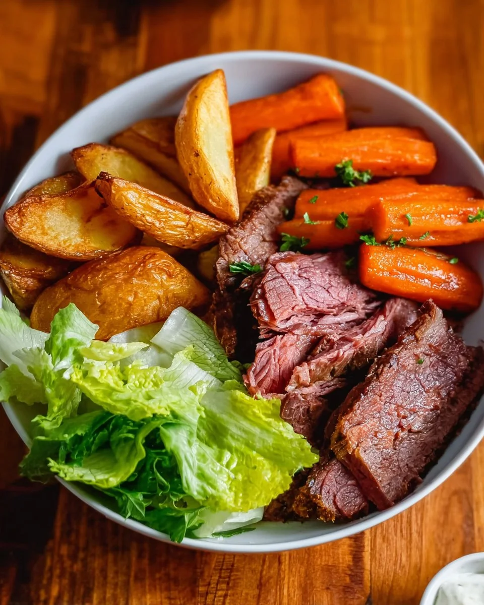 Delicious corned beef and cabbage plated with vegetables and spices