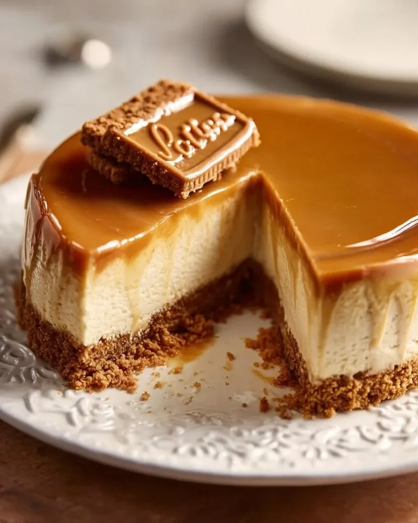 Delicious Biscoff Cheesecake topped with cookie crumble and drizzled caramel