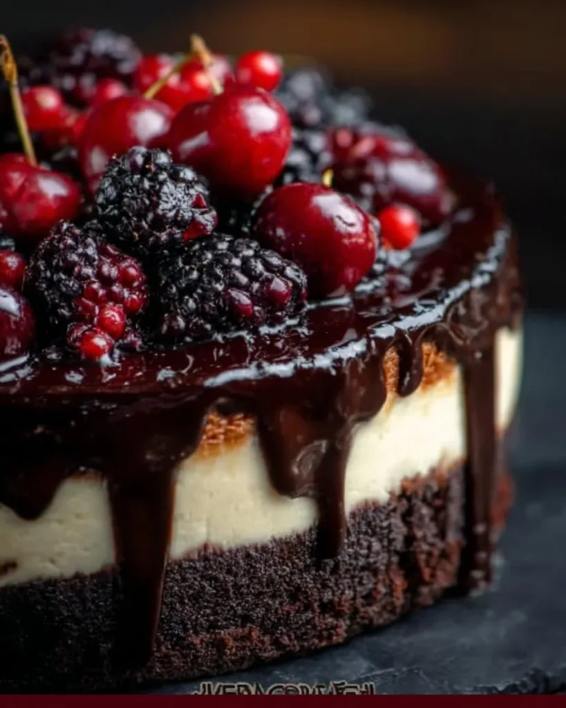 Delicious Black Forest Cheesecake topped with cherries and whipped cream.