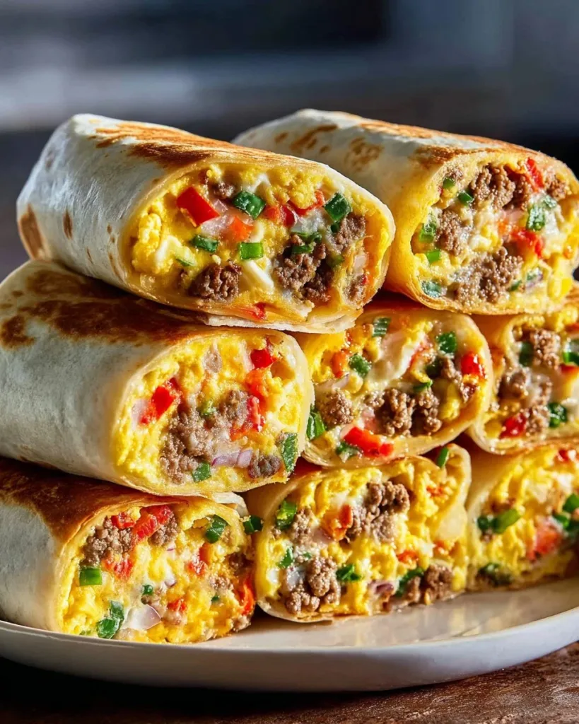 Delicious breakfast burritos filled with eggs, cheese, and toppings