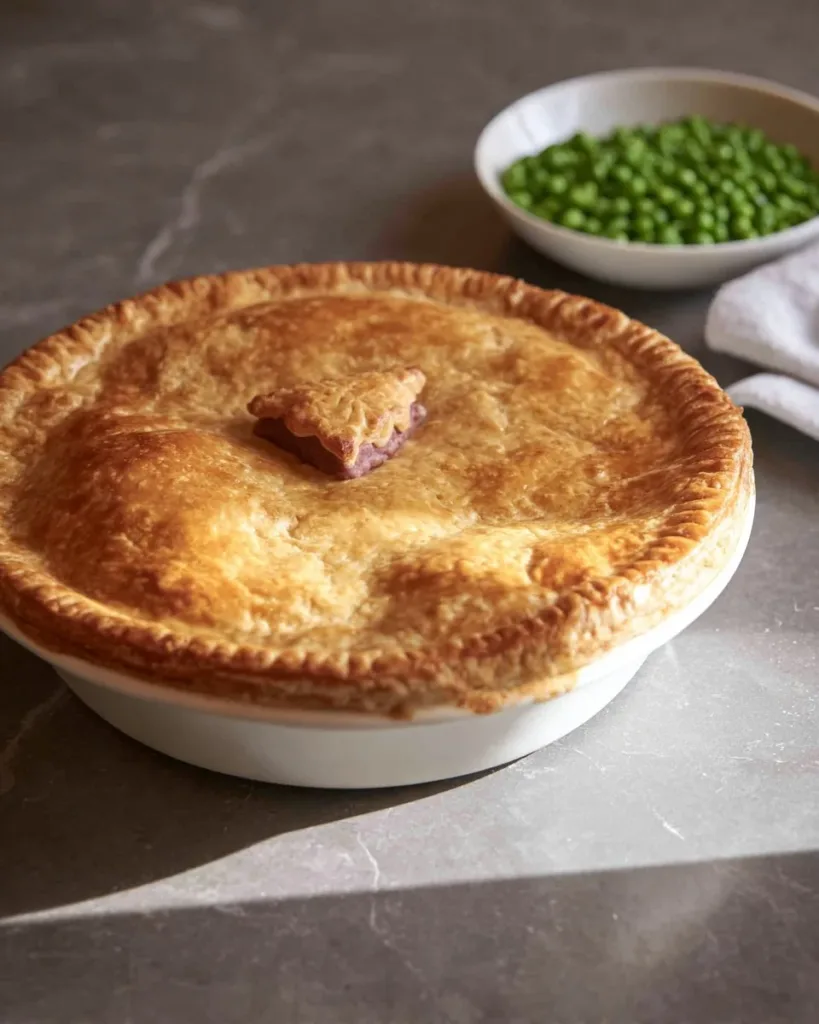 British corned beef and potato pie served on a plate