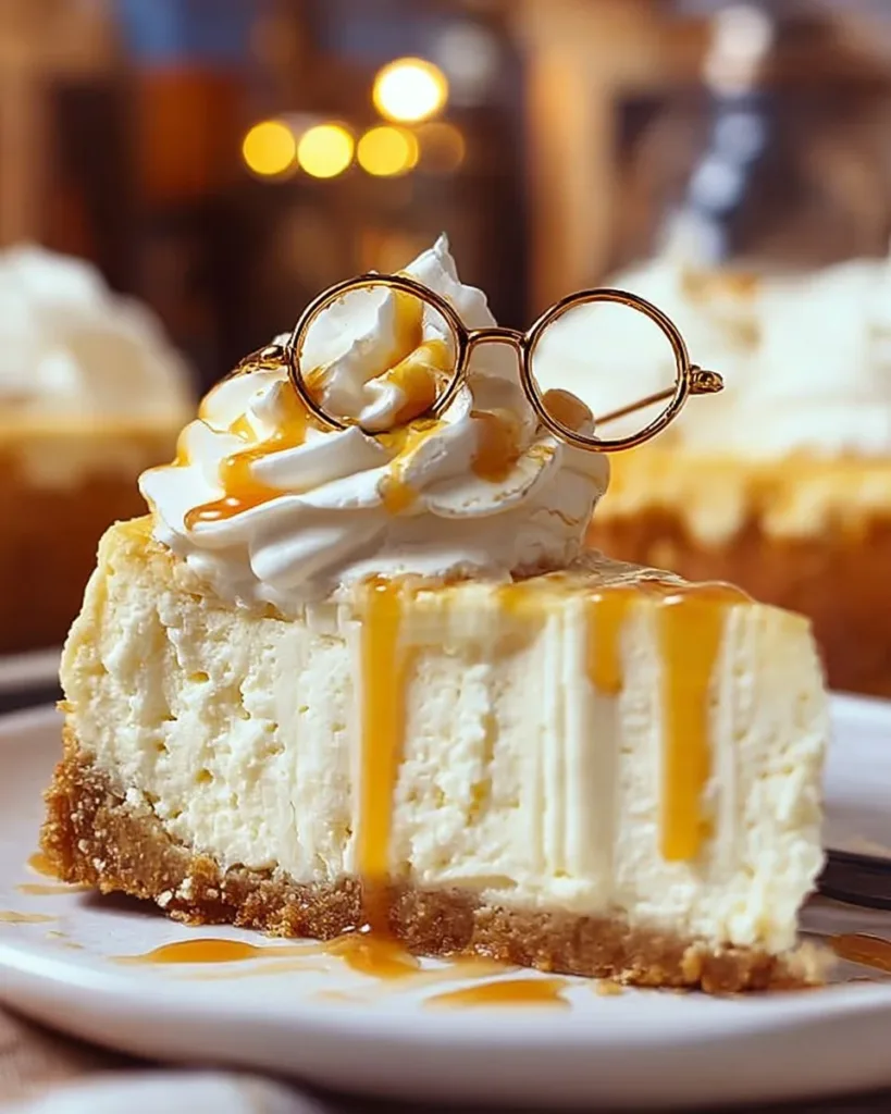 Delicious Butterbeer Cheesecake topped with caramel sauce and whipped cream.