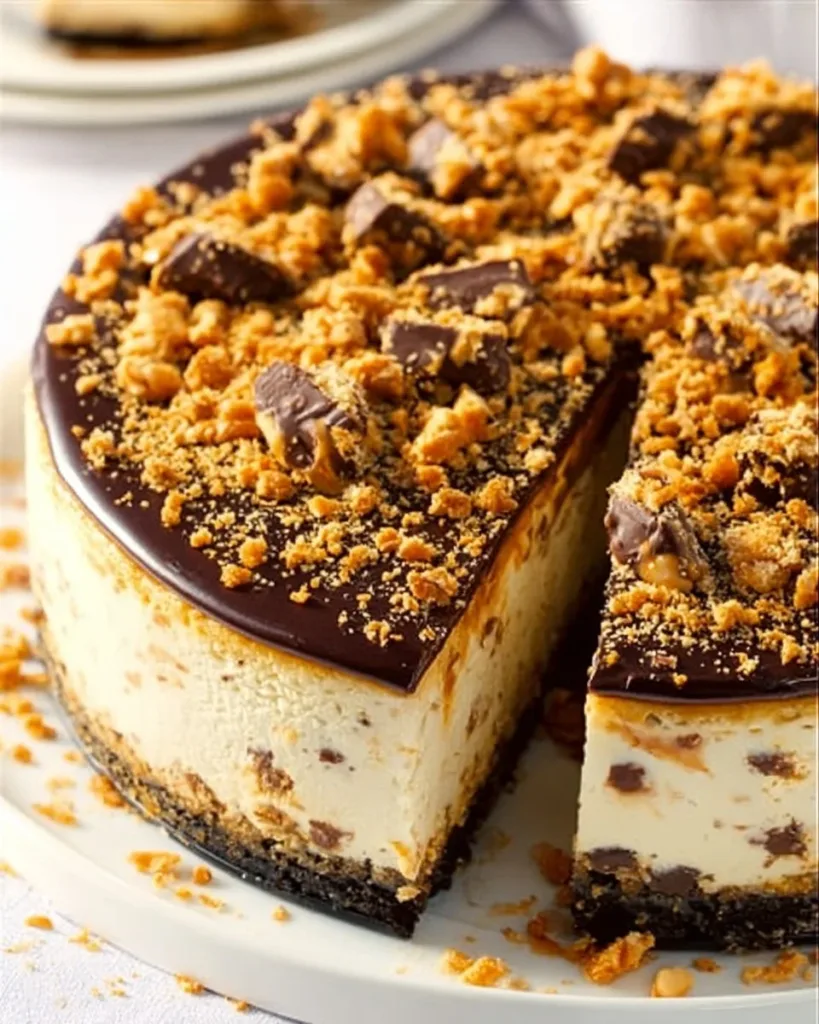 Slice of Butterfinger Cheesecake topped with chocolate and crushed Butterfinger bars