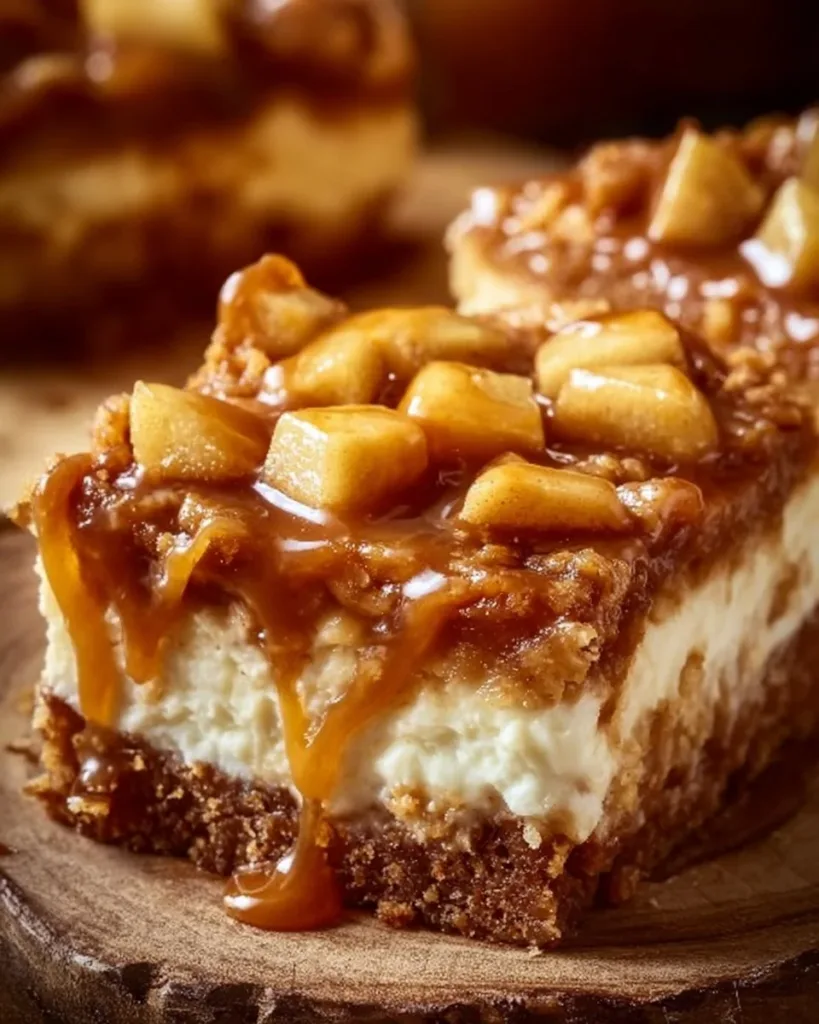 Delicious caramel apple cheesecake bars topped with caramel sauce and apple slices.
