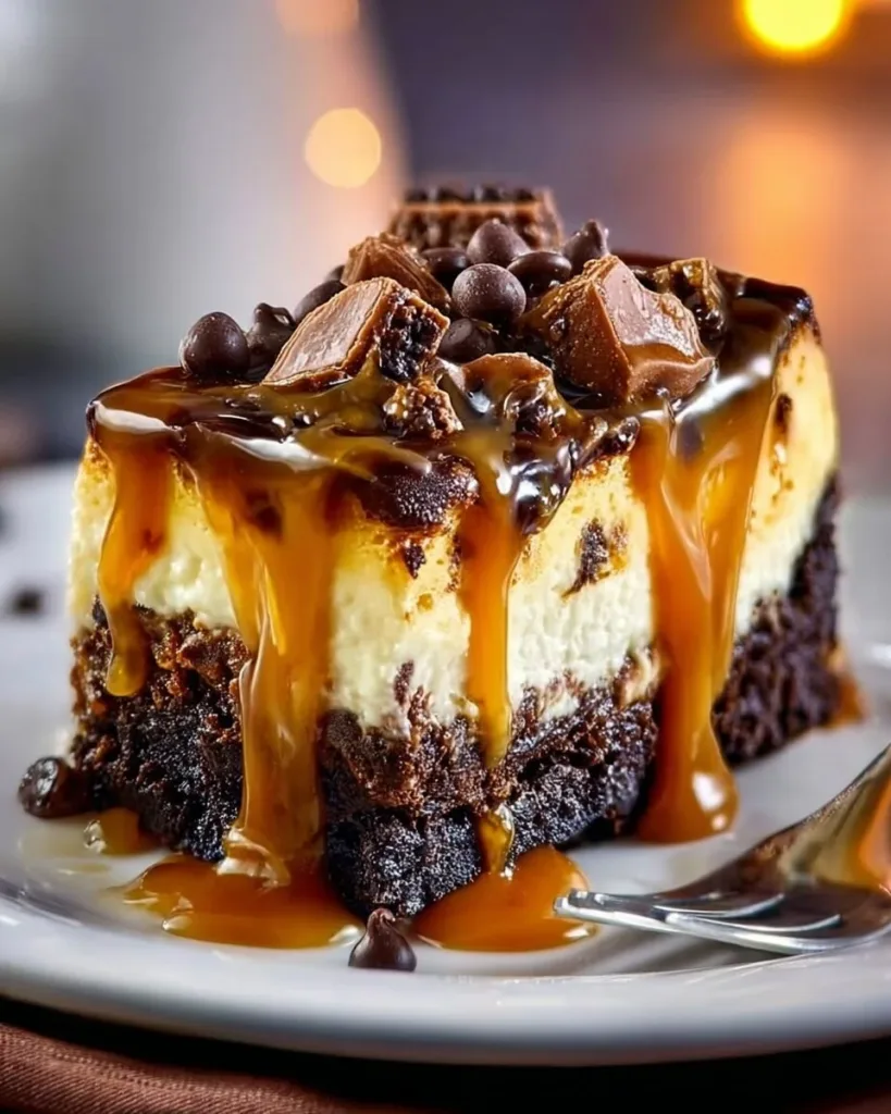 Slice of caramel brownie cheesecake topped with caramel drizzle and chocolate shavings