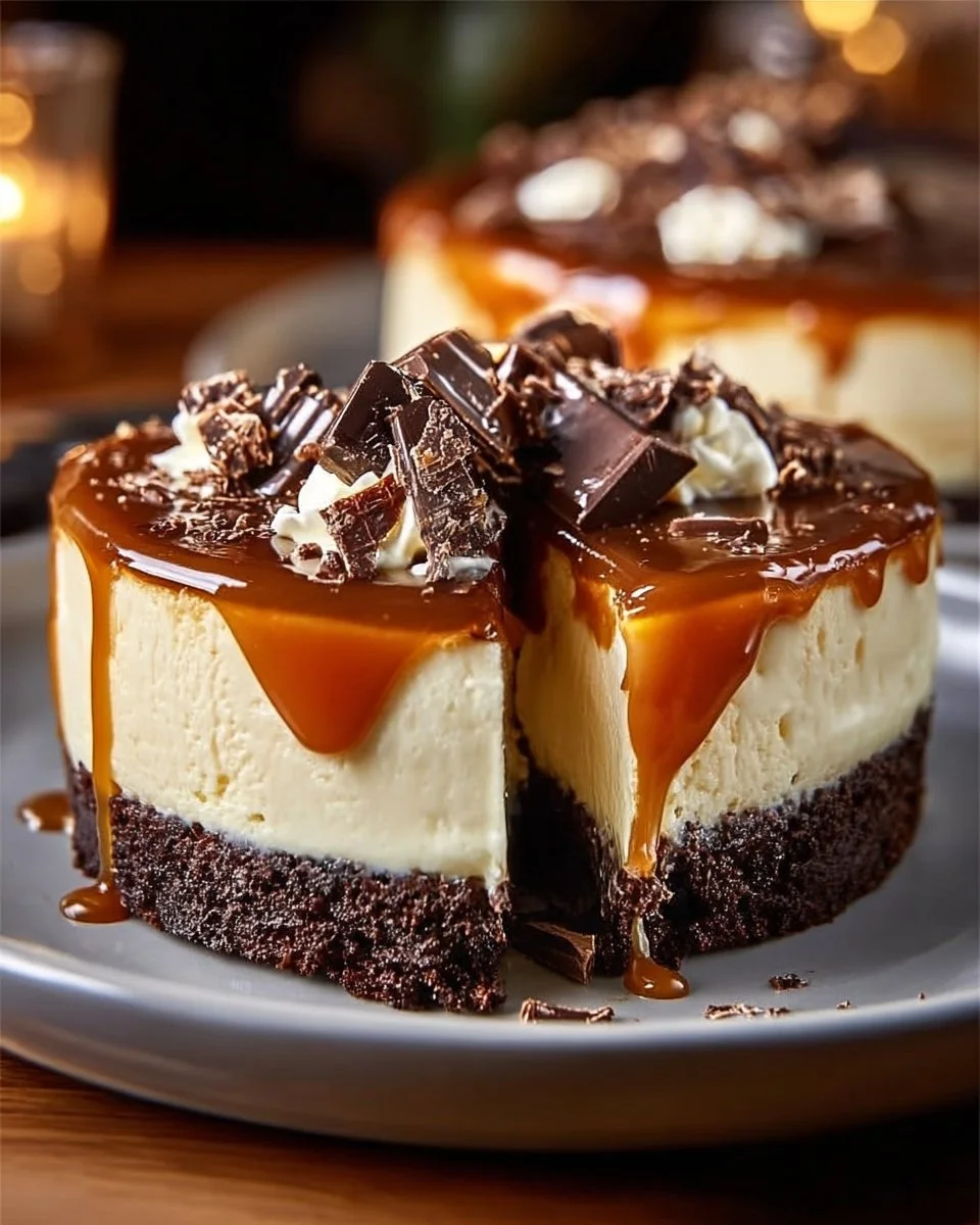 Decadent Caramel Brownie Cheesecake with rich chocolate and caramel layers
