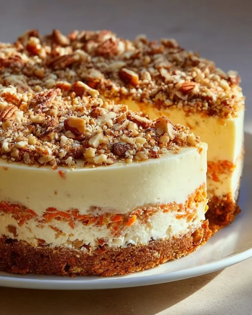 A slice of delicious carrot cake cheesecake topped with cream cheese frosting.