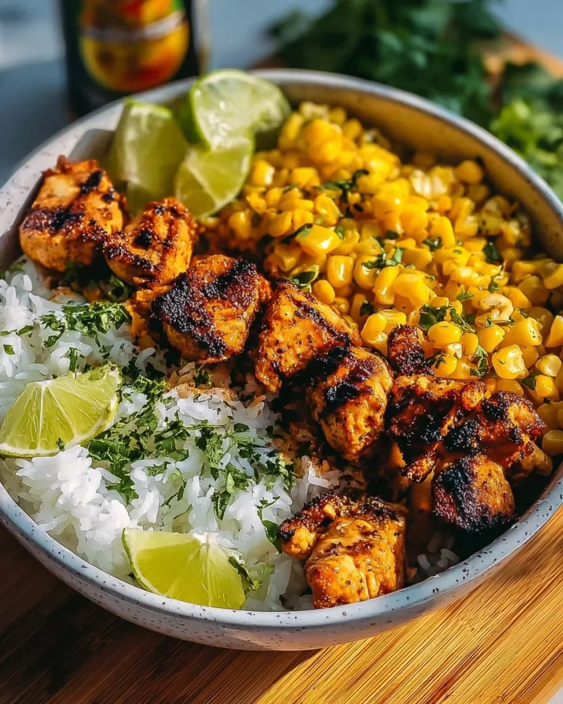 Delicious chicken and street corn bowls with fresh ingredients and vibrant colors.