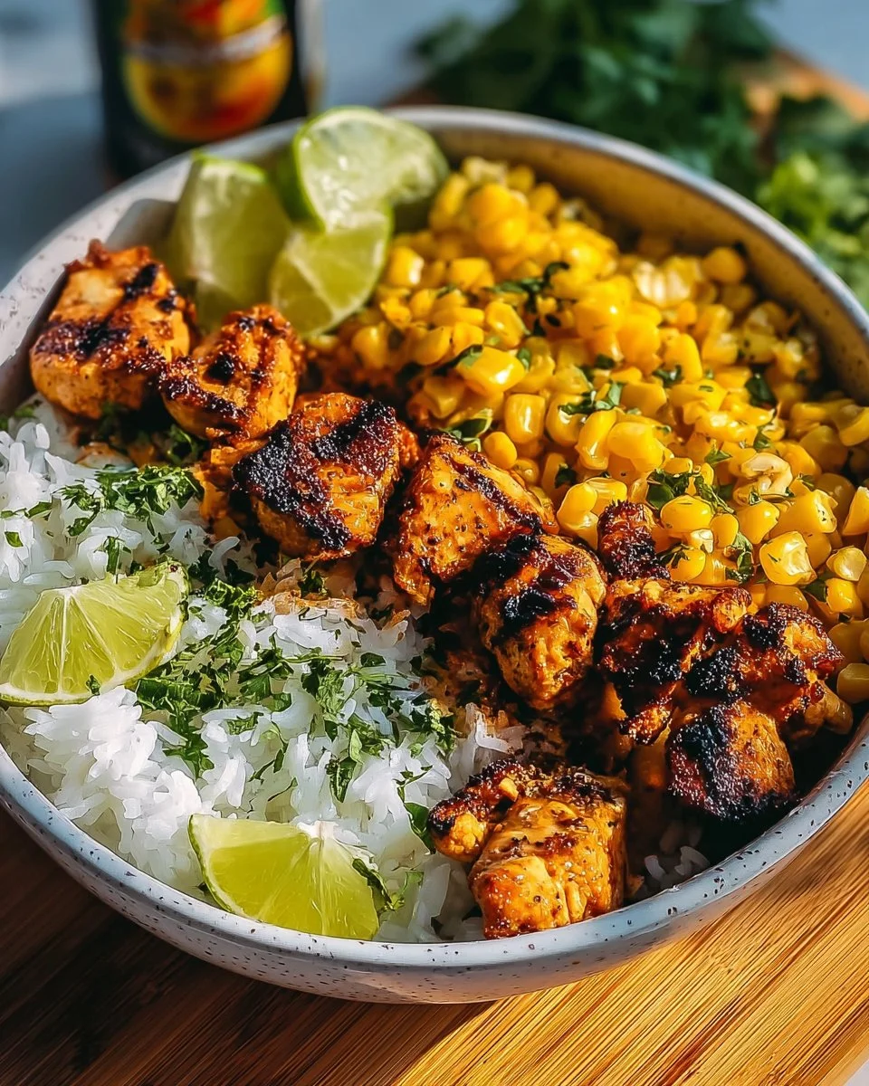 Delicious chicken and street corn bowls with fresh ingredients and vibrant colors.