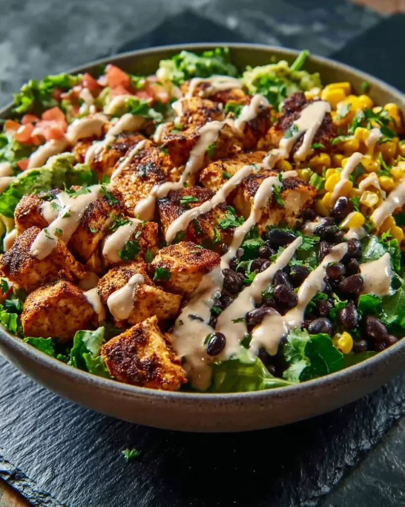 Delicious Chipotle Chicken Bowl with black beans, corn, and creamy sauce