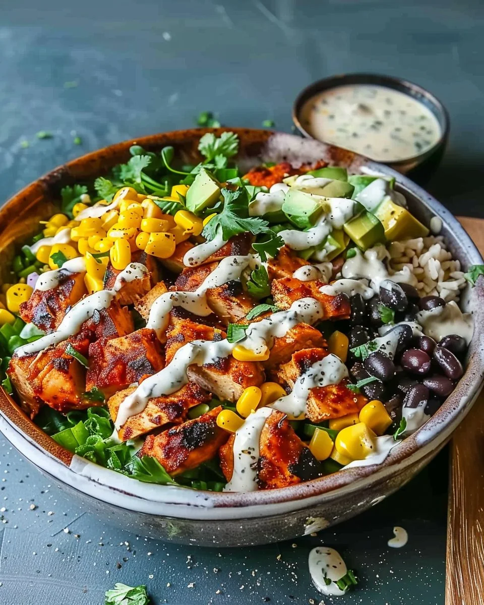 Chipotle Chicken Bowl with Black Beans, Corn, and Creamy Sauce