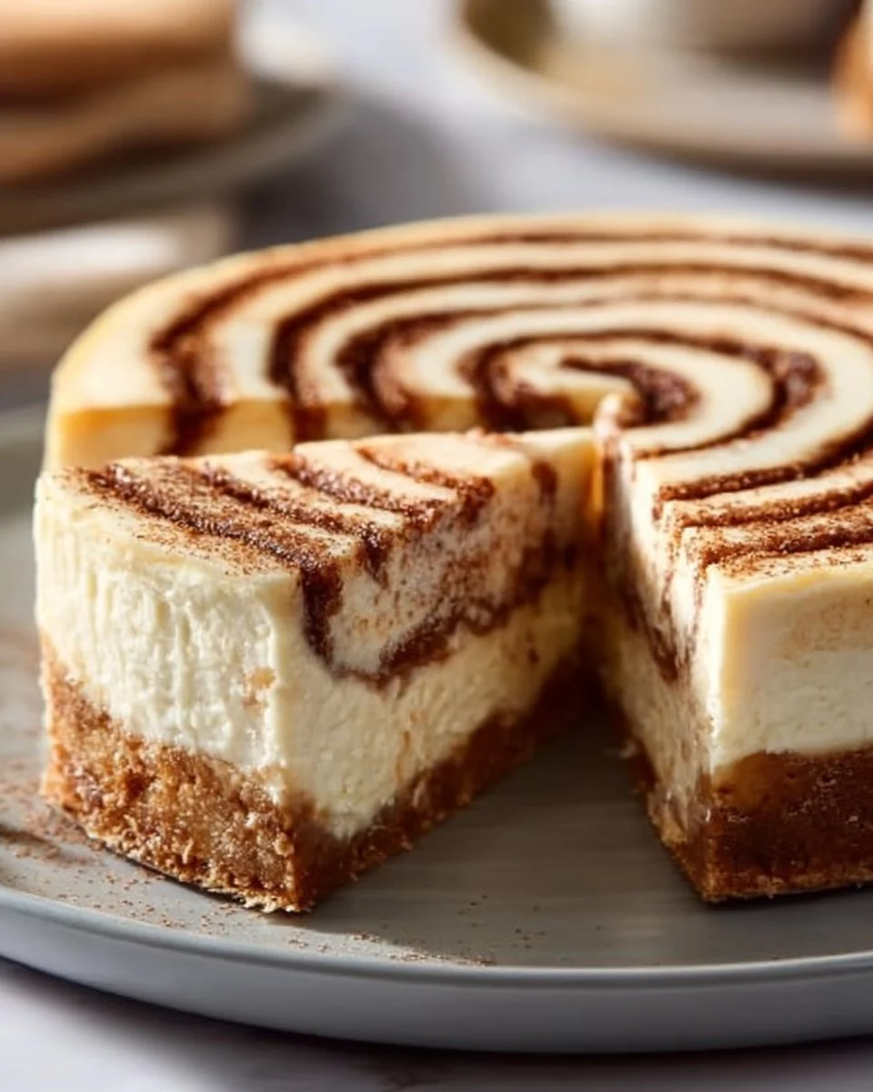 Delicious cinnamon roll cheesecake topped with cinnamon and cream cheese frosting.