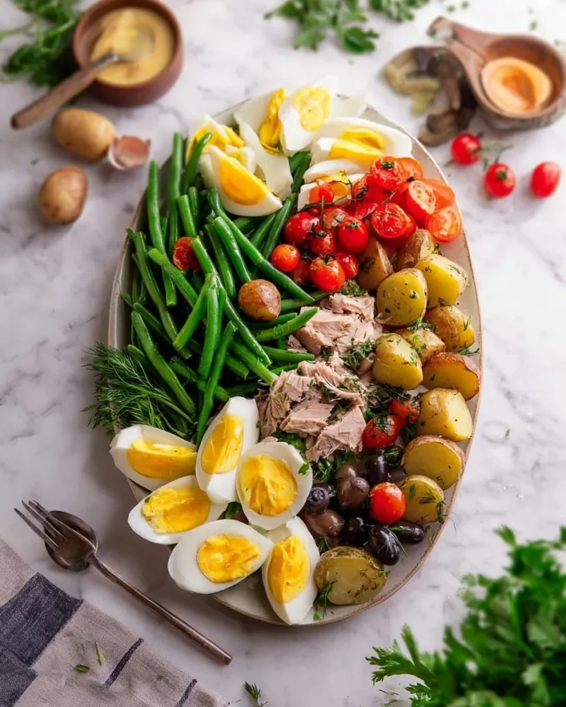 Classic Nicoise salad with tuna, olives, and eggs on a plate