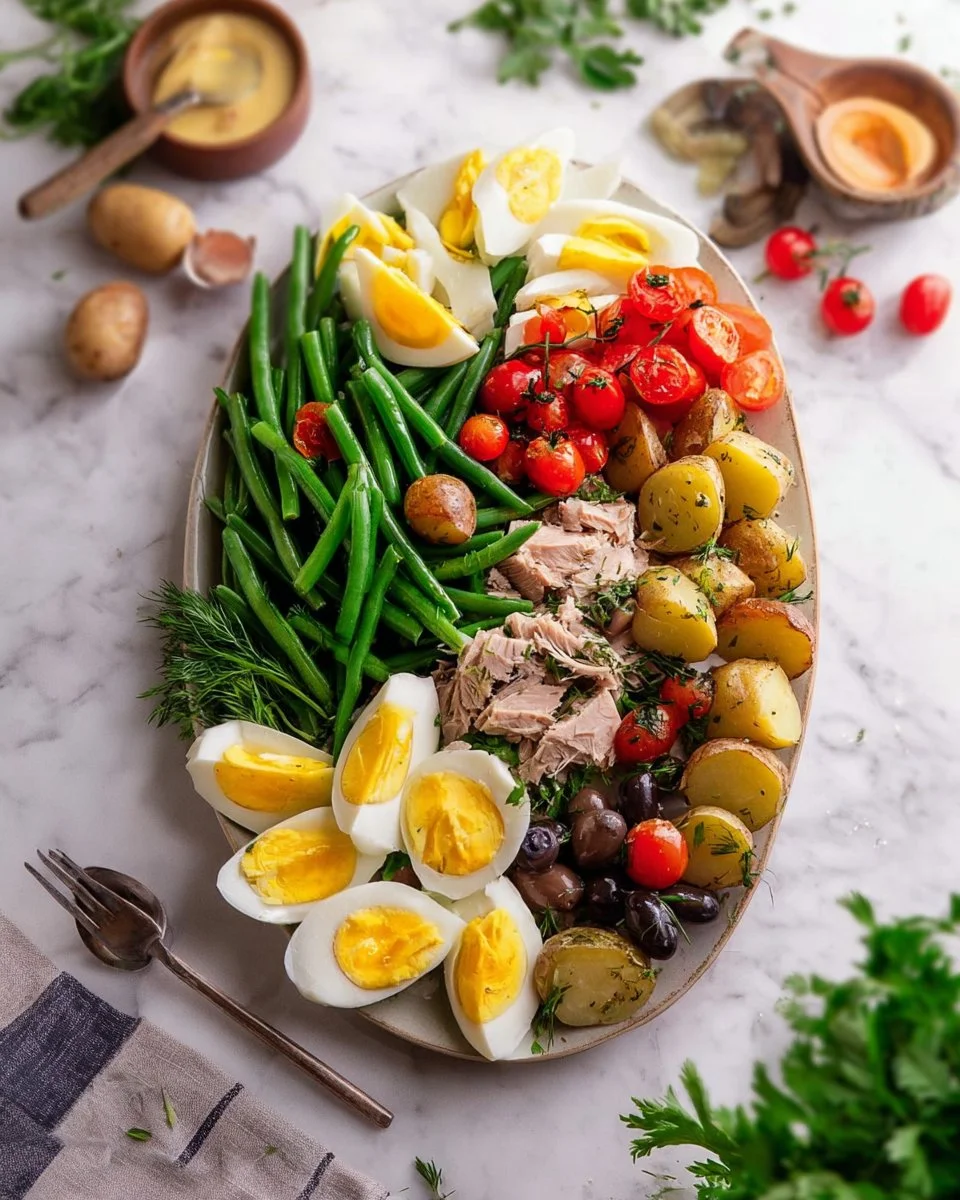 Classic Nicoise salad with tuna, olives, and eggs on a plate