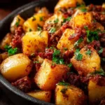 Delicious corned beef hash served with eggs and potatoes