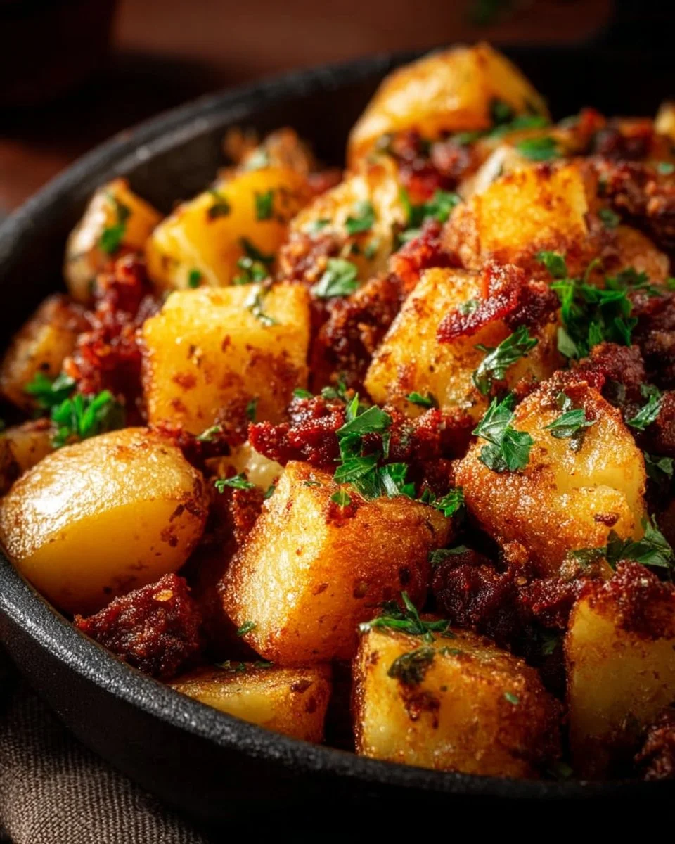 Delicious corned beef hash served with eggs and potatoes