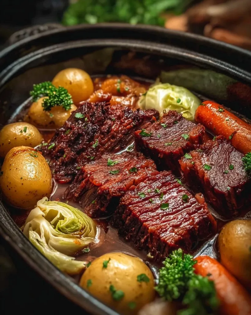 Slow cooker corned beef with cabbage served on a plate