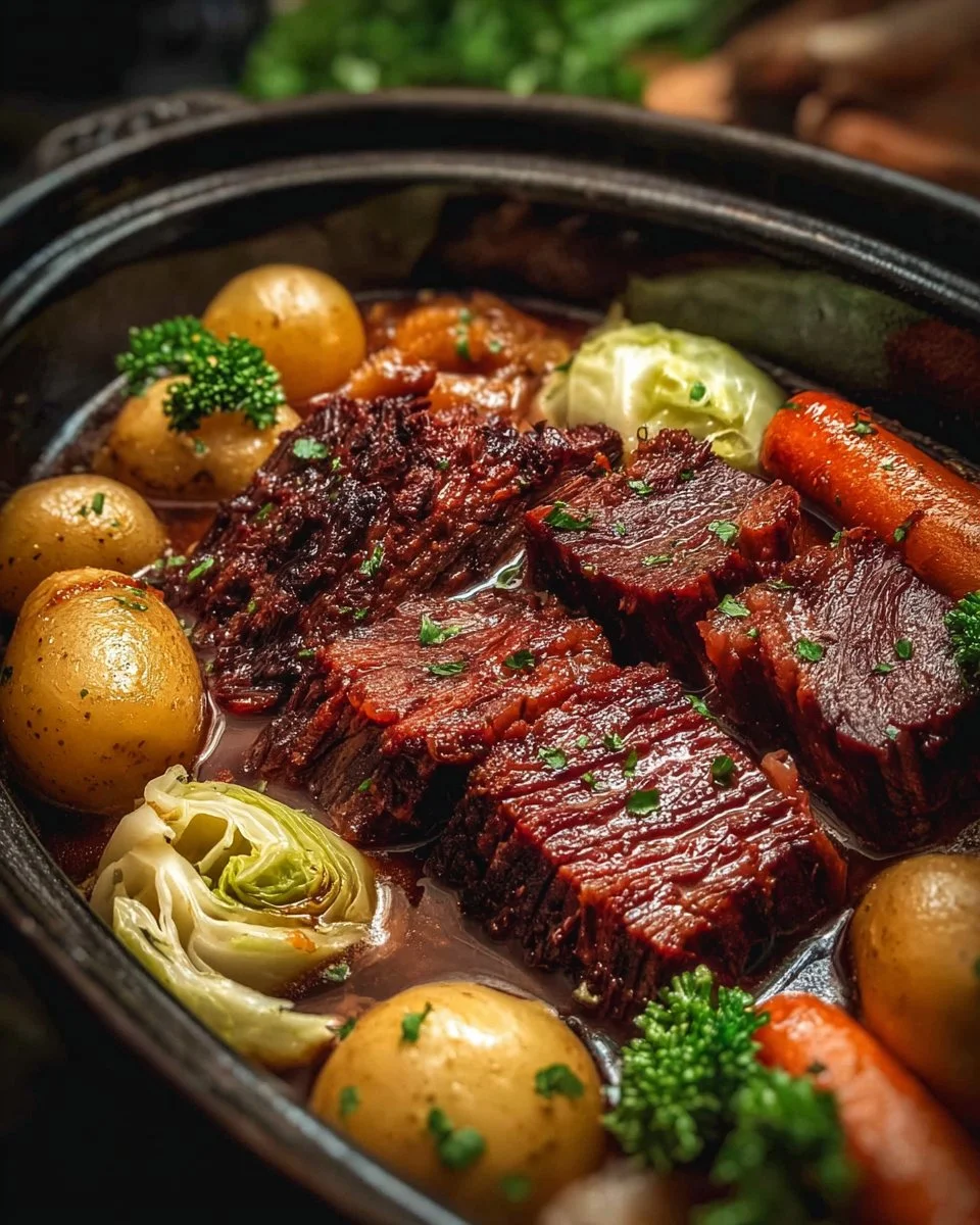 Slow cooker corned beef with cabbage served on a plate